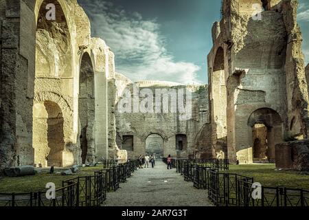 Panorama inside the Baths of Caracalla, Rome, Italy. It is a famous landmark of Rome. Amazing hdr view of the great ancient ruins of Caracalla`s Therm Stock Photo